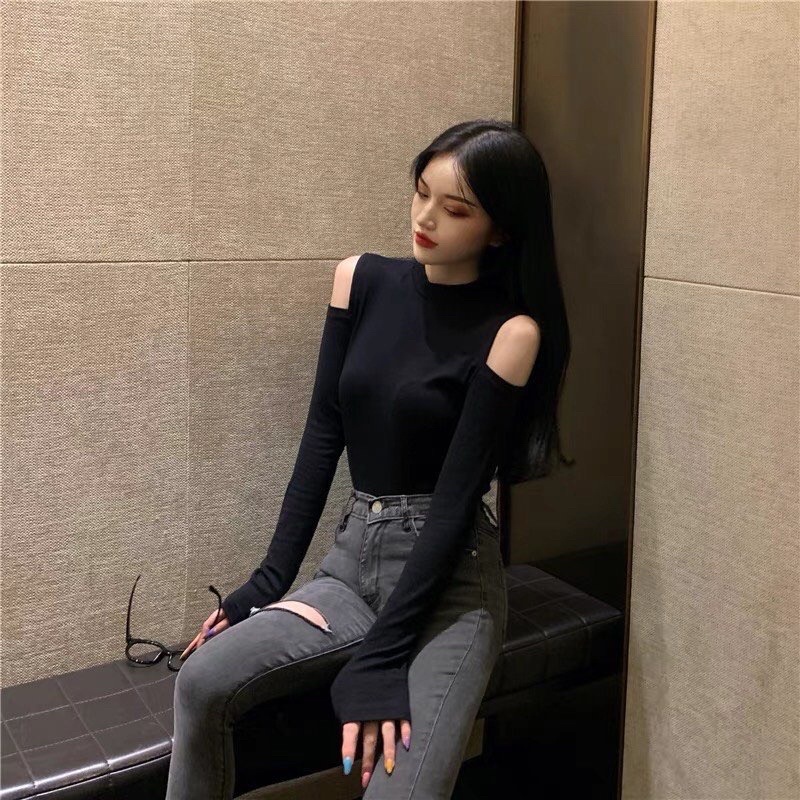 Áo Croptop Bozip Khoét Vai 2 Bên L.Y Store Nữ  🌸 Thun body dài tay dáng ôm retro, phông kiểu bó sát Ulzzang 🌸