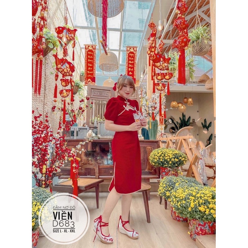 Bigsize Đầm nơ đỏ viền D683