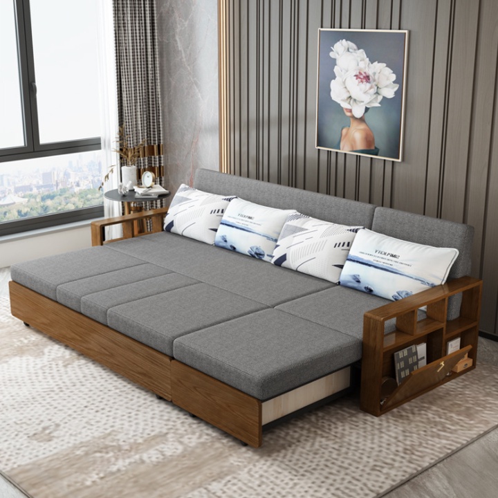 Sofa giường tay gỗ sồi, Giường sofa thông minh gấp xếp gọn thành ghế cho phòng khách phòng ngủ đẹp kt 130x190 160x190cm