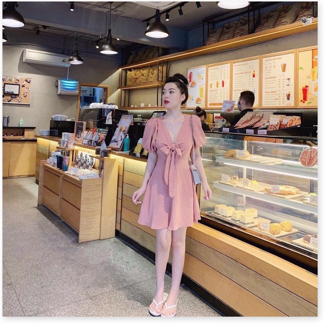 Đầm Hotgirl Cổ V Thắt Nơ Tay Búp