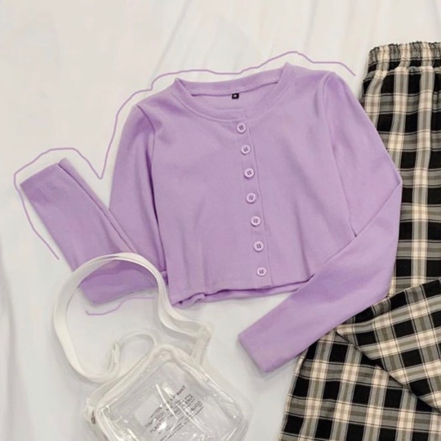Áo Croptop Cổ Tim Tay Dài YAN Phối Khuy Unisex màu Trắng/Đen/Xanh/Tím
