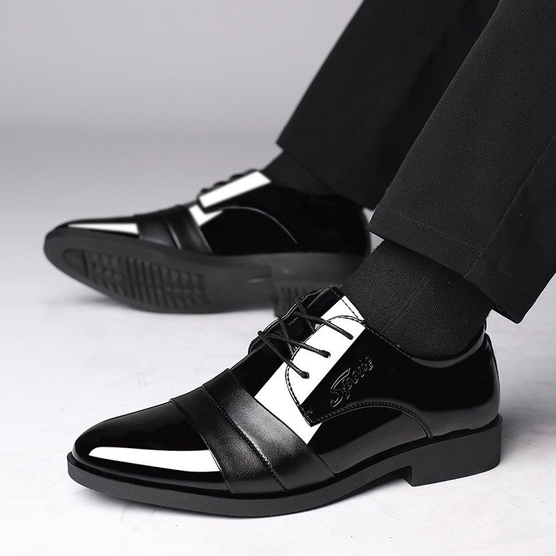Giày da nam thanh niên công sở giản dị trang trọng mang ren mùa xuân tăng chiều cao sinh viên màu đen cưới