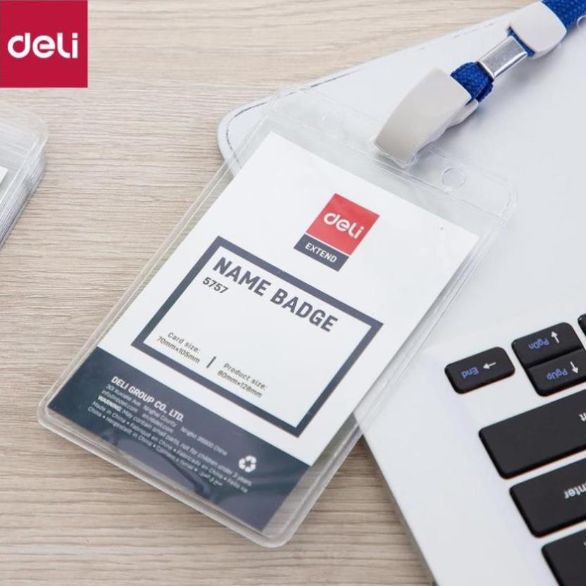 Bảng tên 68×95mm Deli, trong suốt, dây đeo màu xanh nước biển - 1 chiếc - E5757