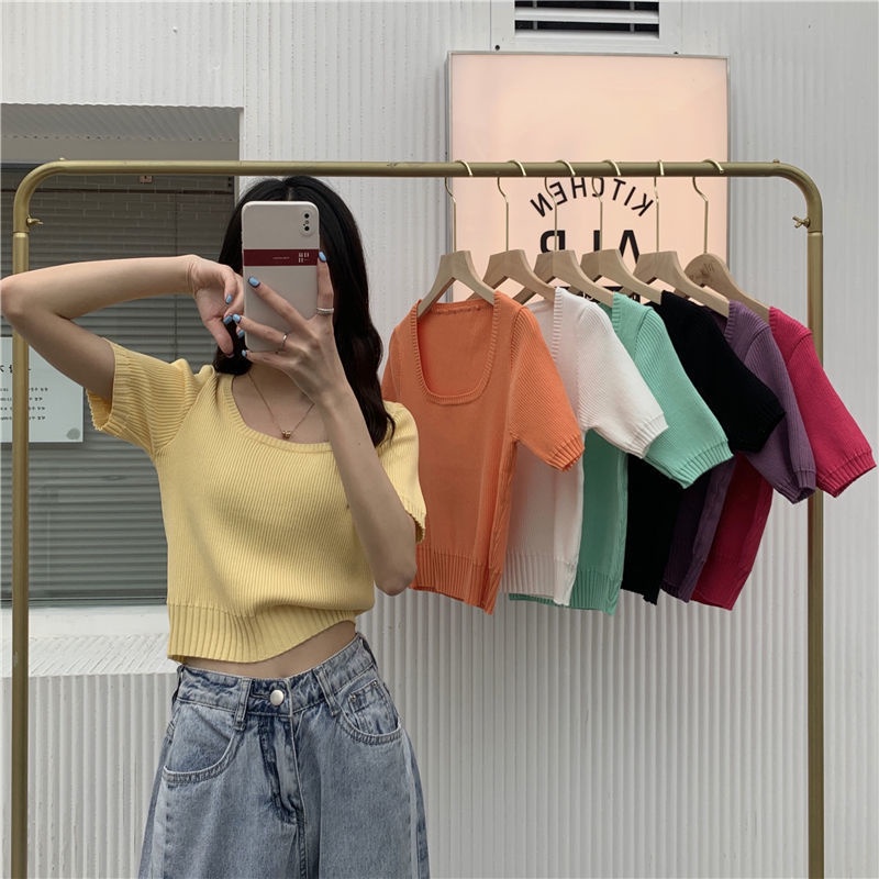 AMOI Áo Sweater Ngắn Tay Màu Sắc Đơn Giản Phong Cách Hàn Quốc 2022 Cho Nữ