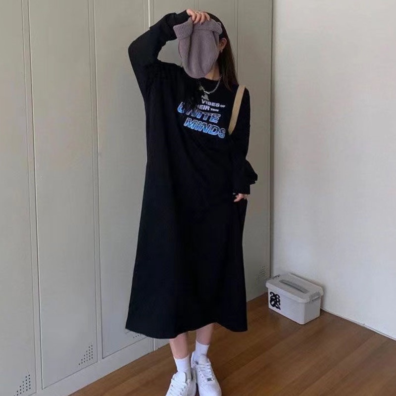 Đầm Nỉ Nữ Dài Tay Cổ Tròn Form Dài Rộng Thời Trang Hàn