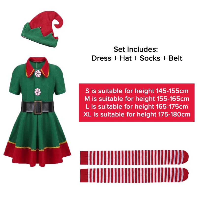 Váy đồng phục hóa trang ông già Noel với mũ và vớ màu xanh lá xinh xắn dành cho nữ