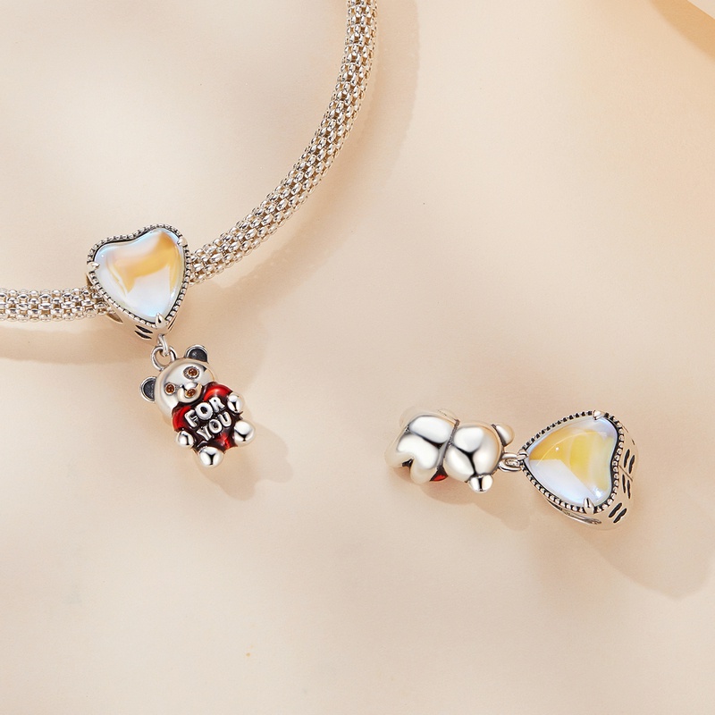 BAMOER Mặt Vòng cổ Bạc 925 Hình Trái Tim / Gấu / Bong Bóng Bằng Thủy Tinh Thời Trang DIY