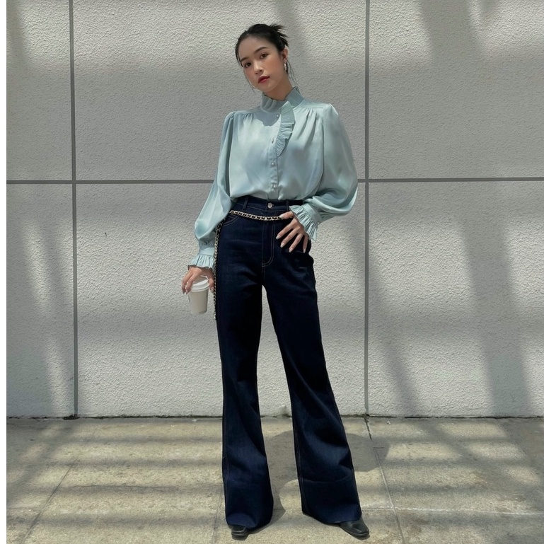 Áo sơ mi lụa satin xanh mint HUONG BOUTIQUE HBSM943 cổ bèo dập li