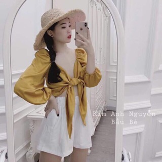 Áo kiểu buộc nơ tay dài có đệm ngực cực hot