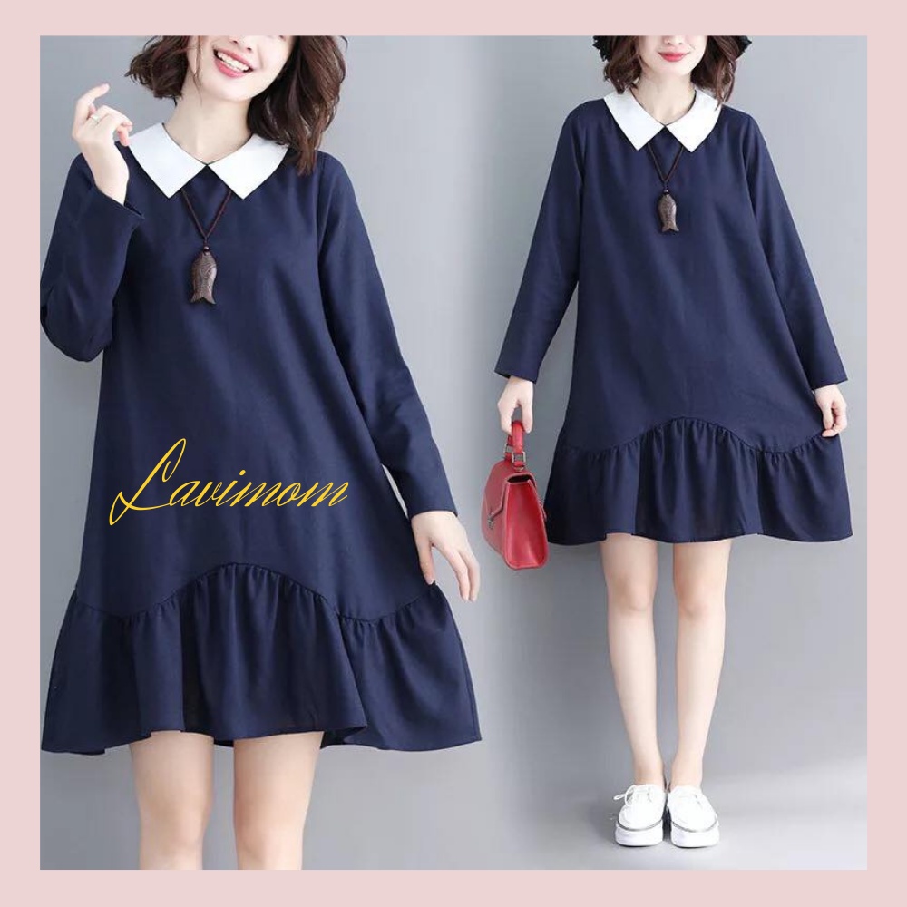 Váy bầu Lavimom Đầm bầu dài tay xanh than đuôi cá lượn sóng LV1353