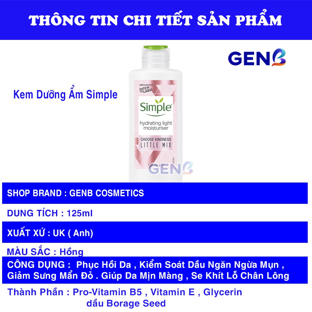 Kem Dưỡng Ẩm Simple Cho Da Dầu Mụn Da Nhạy Cảm Ban Ngày Ban Đêm Hydrating Light Moisturiser- Kem Sữa Dưỡng Da Mặt- GENB