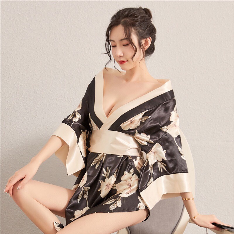 Đồ ngủ sexy áo choàng lụa kimono đen hoa váy ngủ gợi cảm quyến rũ 1570