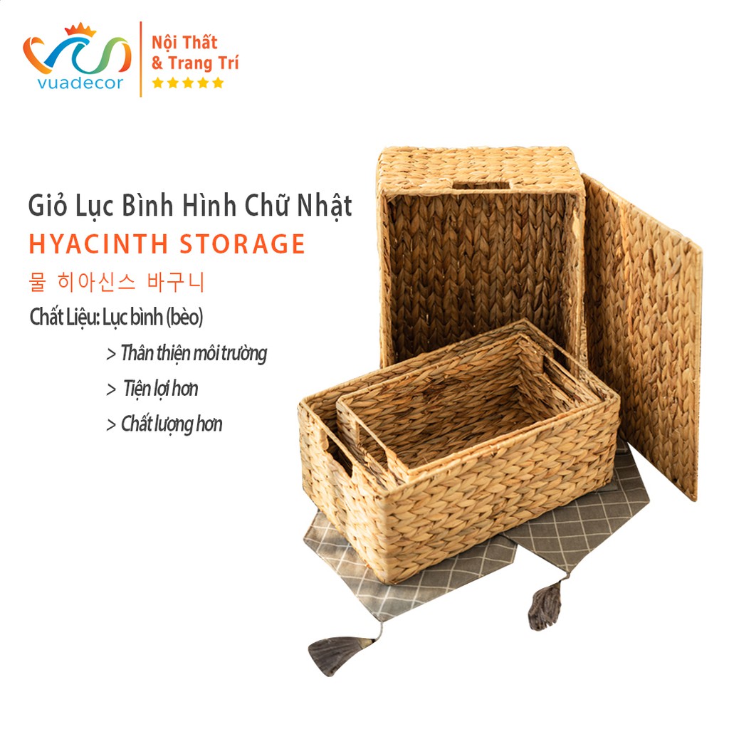 Giỏ lục bình VUDECOR hình chữ nhật size S/M/L đựng đồ, trang trí decor