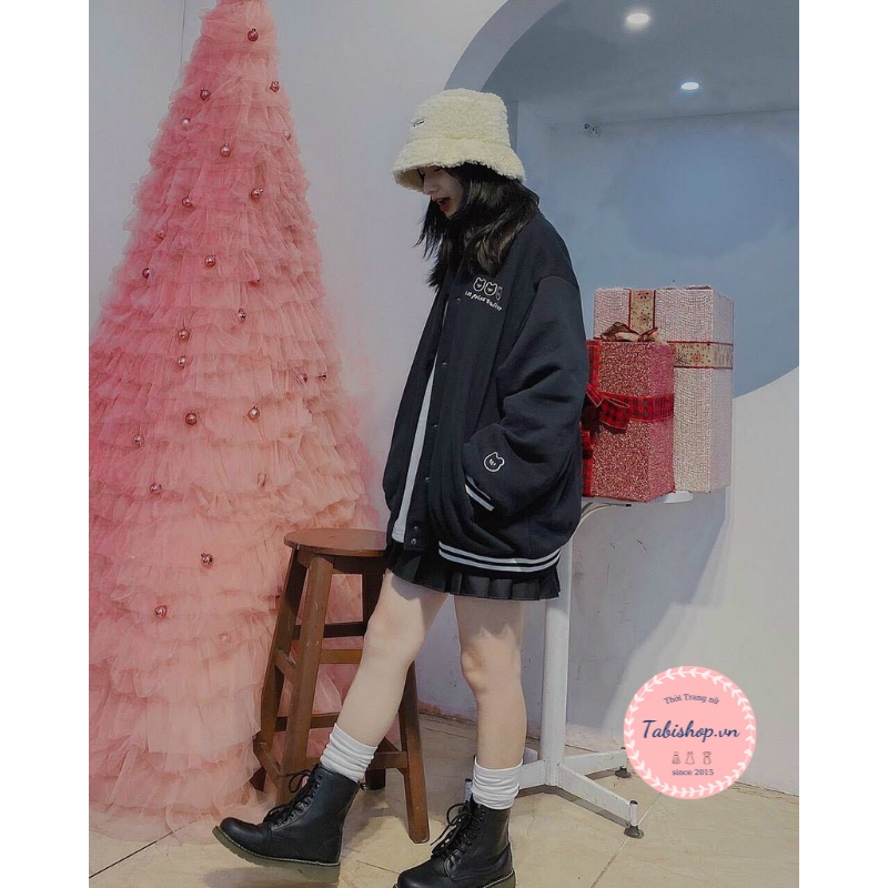 Áo khoác bomber in hình gấu nhỏ xinh Tabishop Áo cardigan nỉ màu đen cho nữ phong cách Ulzzang Hàn Quốc