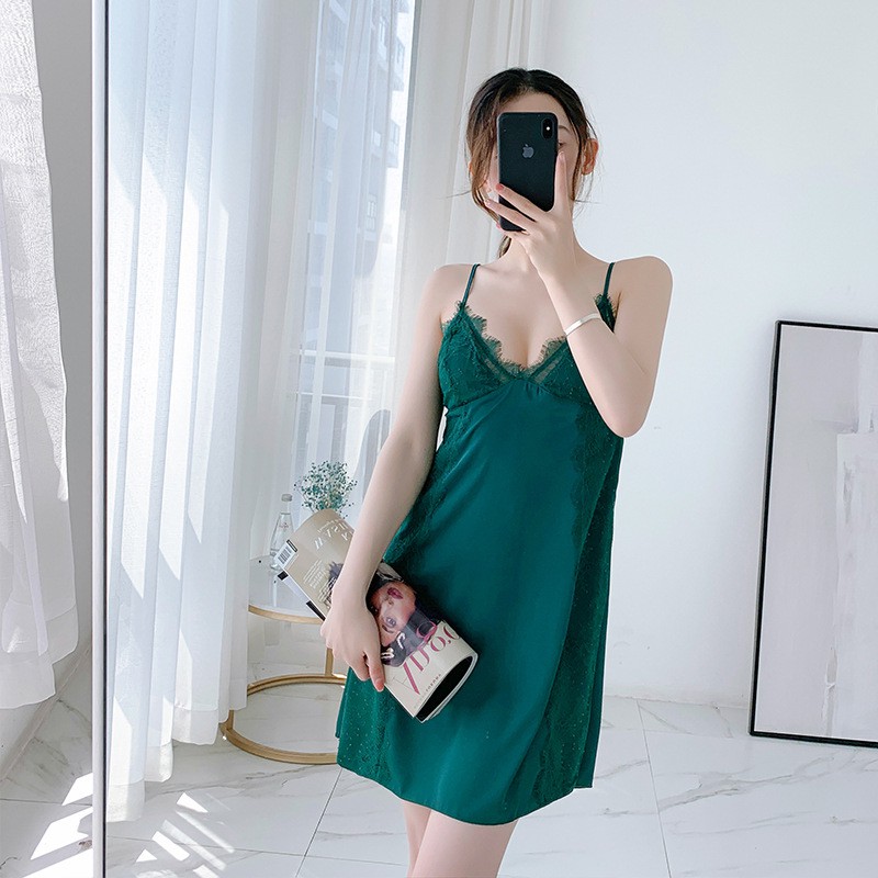 Đầm ngủ hai dây cổ chữ V phối ren mẫu 2020 thời trang mùa hè quyến rũ dành cho nữ