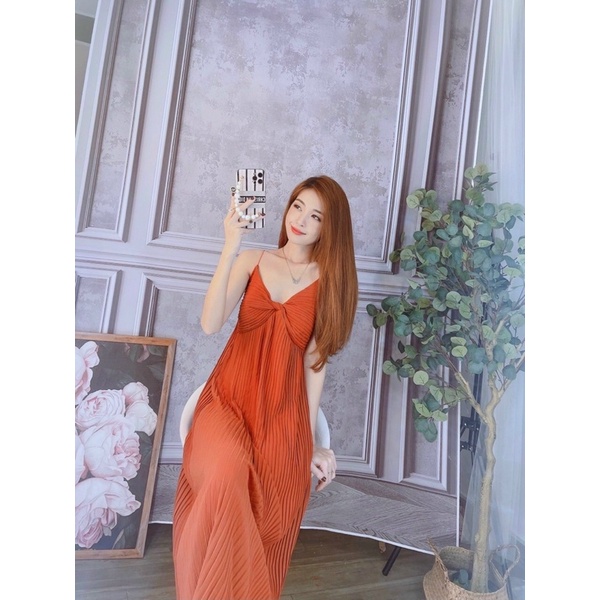 Đầm dập ly 2 dây xoắn ngực dáng suông-hình thật.