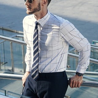 Áo sơ mi nam dài tay TQQ dáng Slim fit công sở ôm nhẹ K357CS màu trắng kẻ ô lịch thiệp cùng chất vải chống nhăn