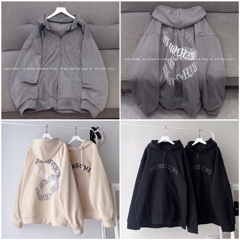 Áo khoác hoodie chữ cong nỉ tay phồng mũ 2 lớp form rộng cho nam nữ áo hoodie zip trơn 1 màu xám sành điệu