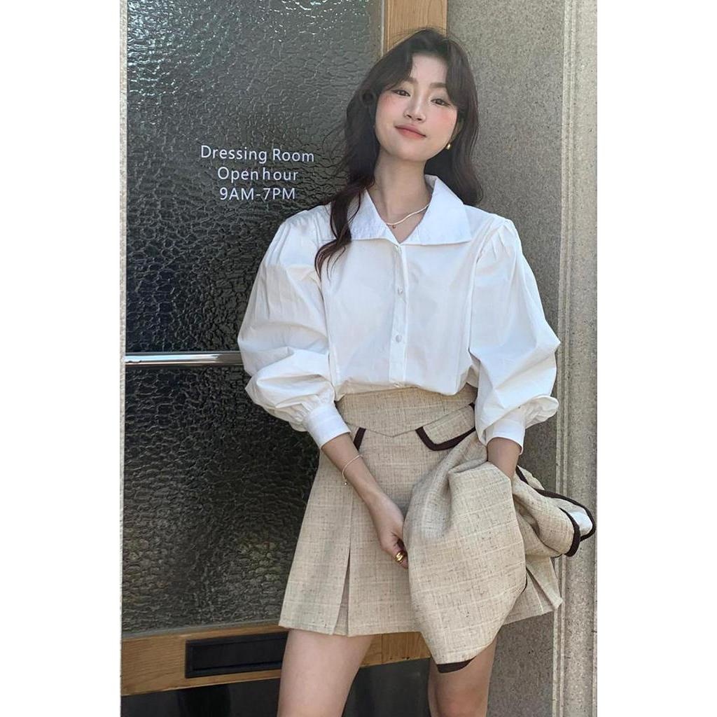 Áo Sơ Mi Nữ Dài Tay Màu Trắng / Xanh Dương Kiểu Pháp 61611