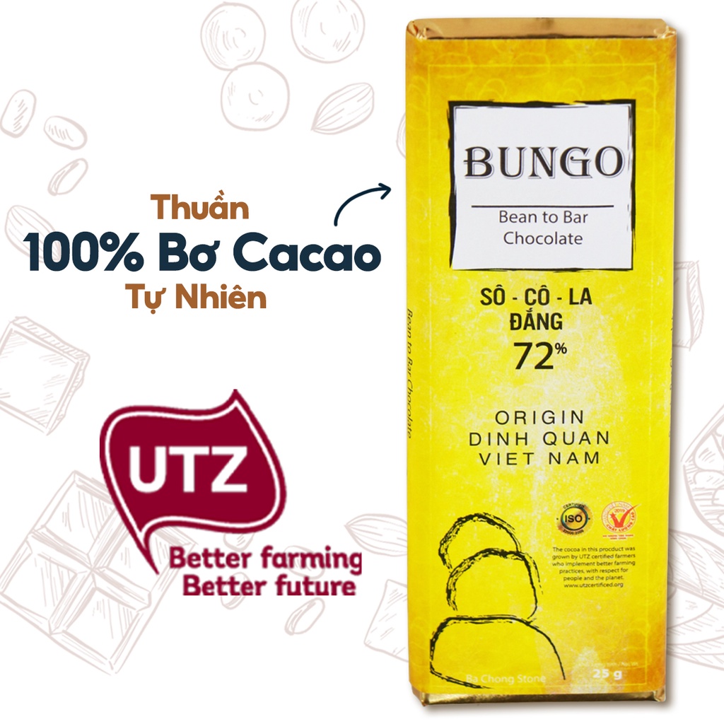 Socola Nguyên Chất Bungo 72% Cacao, Thanh 25g/100g - Thuần Bơ Cacao Tự Nhiên - Từ Hạt Cacao Trinitario Lên Men Thủ Công