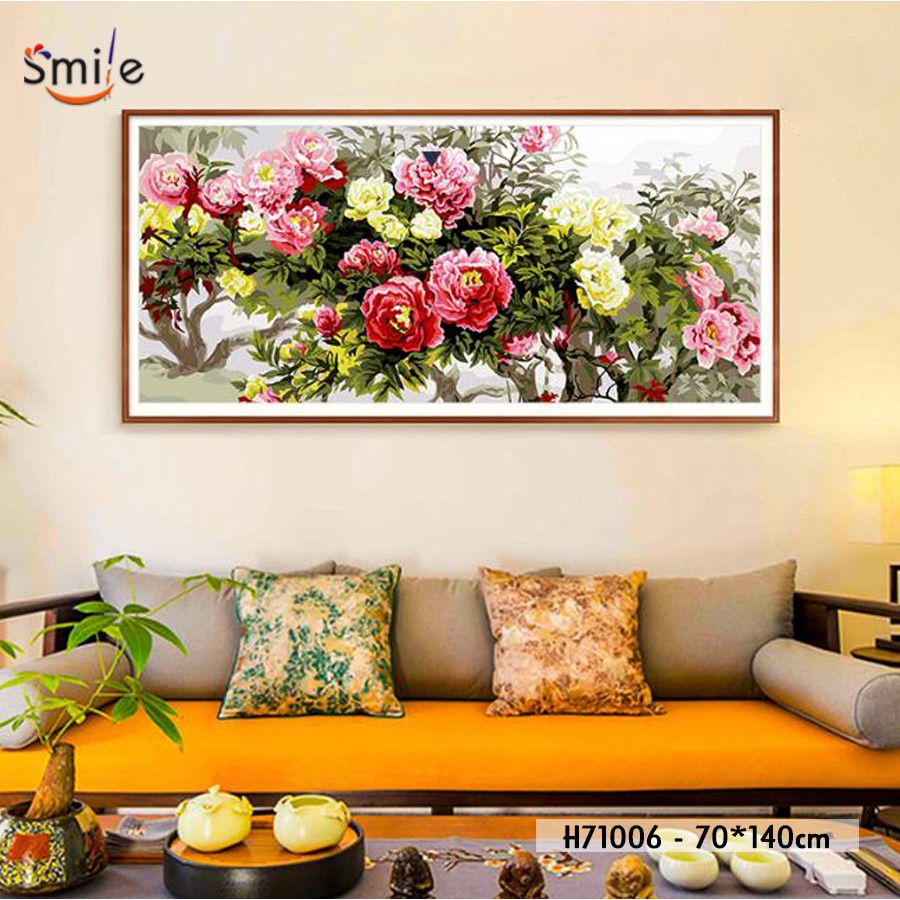 Tranh sơn dầu số hóa tự tô màu cao cấp Smile FMFP Hoa mẫu đơn Như ý cát tường khổ lớn H71006