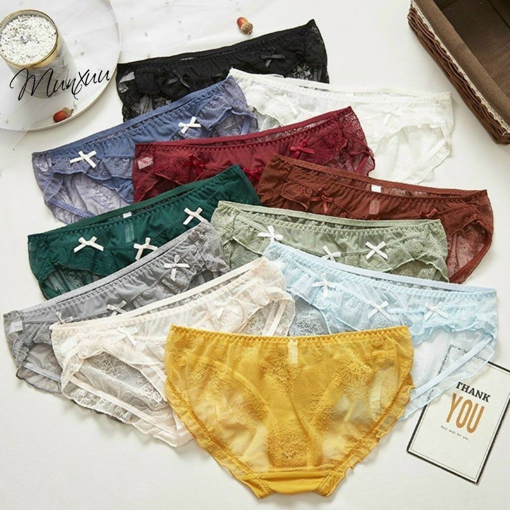 Quần lót nữ ren hoa nhí MUNXUU thiết kế đính nơ, chất ren mềm mại xuyên thấu thông thoáng - QC70