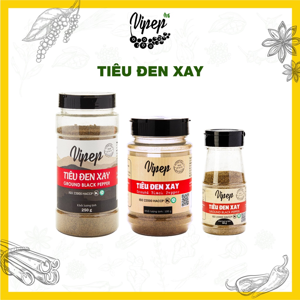 Tiêu Đen Xay Vipep Nhiều Size - Tiêu đen xay nguyên chất hoàn toàn từ tiêu sạch (50 - 100 - 250gr)