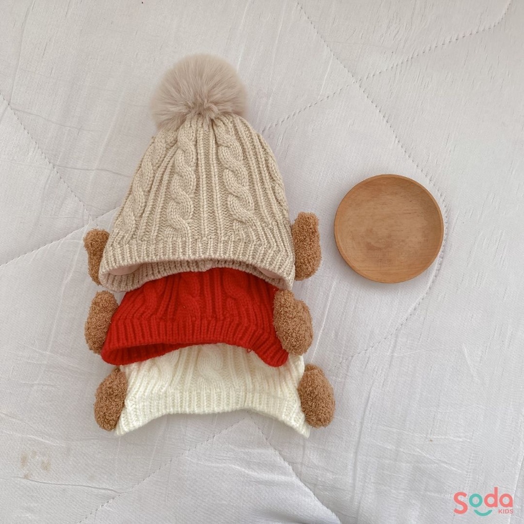 Mũ len che tai đính gấu dễ thương cho bé trai và bé gái (Ảnh thật)