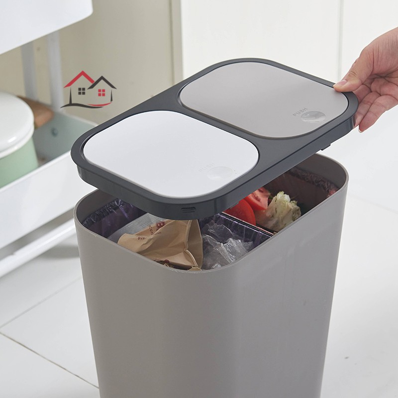 Thùng đựng rác 2 ngăn phân chia rác ướt và khô dạng nhấn có nắp tiện dụng cho gia đình