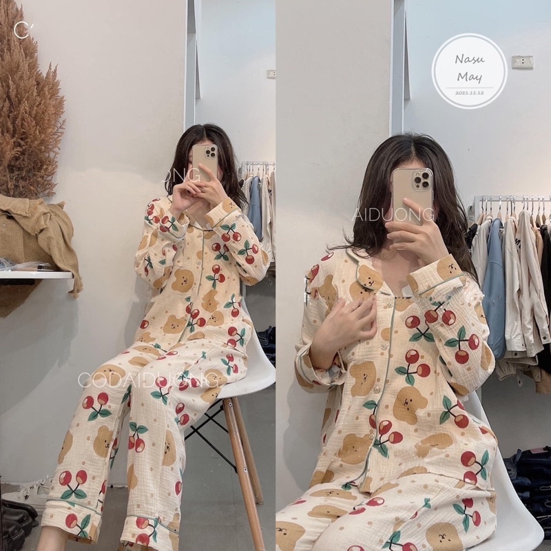 Bộ Ngủ Pijama Dài Tay Gấu Mix Cherry Nữ Form Rộng