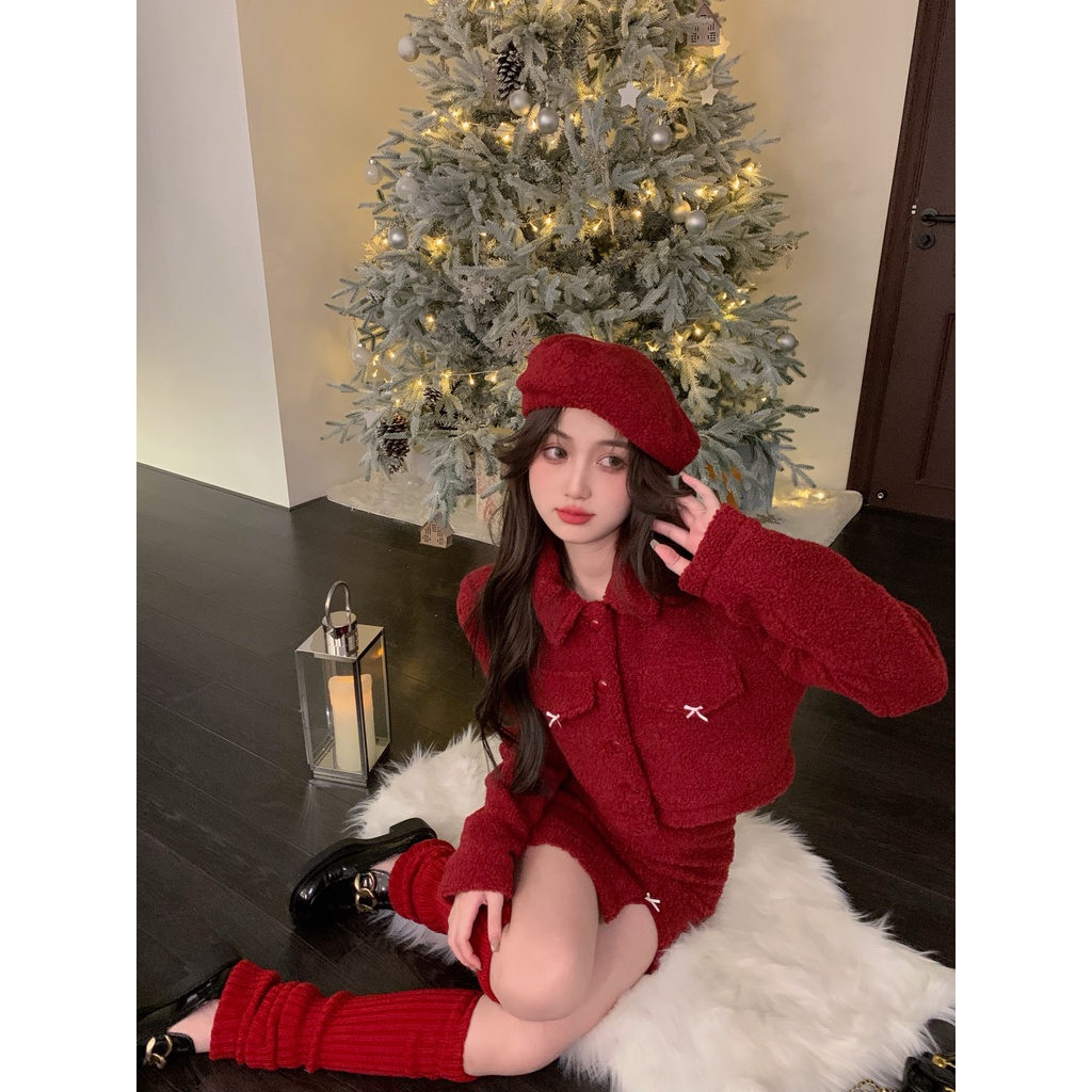 Set áo khoác croptop len lông đỏ tay dài sơ mi noel tết thu đông dày ấm cổ  hở eo + váy ôm ngắn lưng cao kèm vớ ulzzang