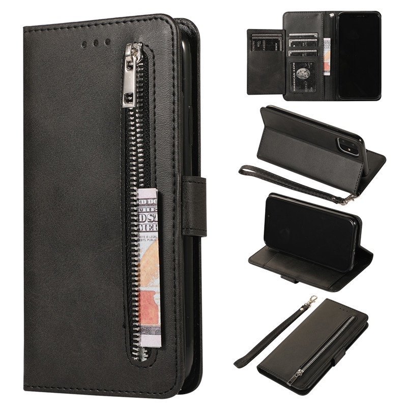 Từ Dây Kéo Ví Flip Case Cho iPhone 11 12 13 14 Pro Max X XR XS 7 8 Plus Vỏ Da Sang Trọng Kinh Doanh 5 Thẻ Khe Đứng Bìa Sách