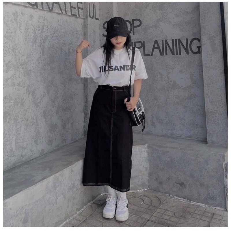 (Ảnh thật/Sẵn) Chân váy jean đen dáng dài viền chỉ nổi xẻ sau chun eo | BigBuy360 - bigbuy360.vn