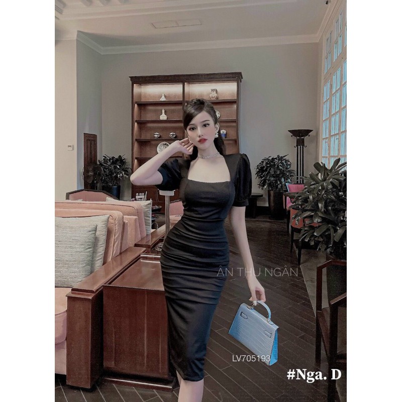 Đầm body nhúng cổ vuông tay phồng
