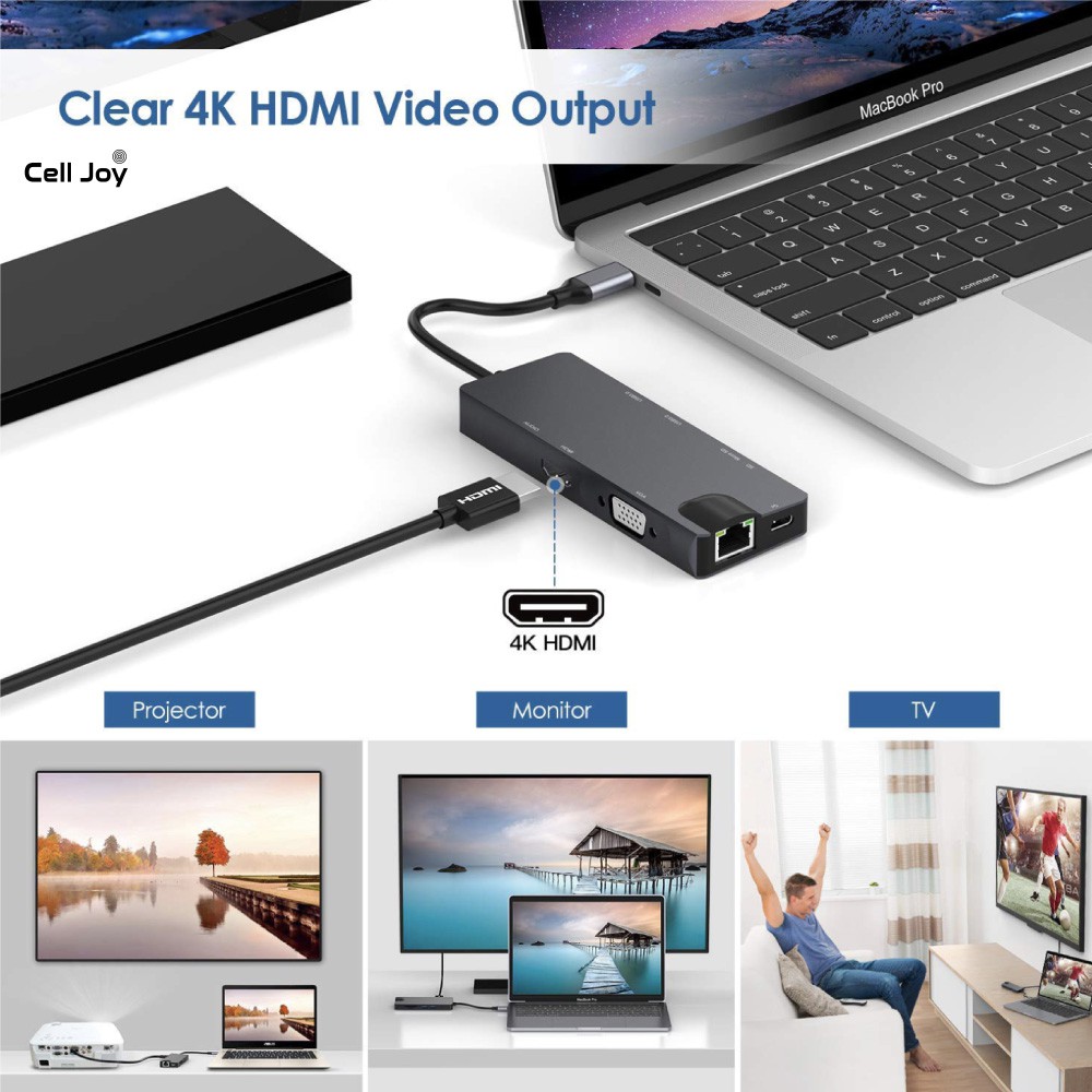 Hub chuyển đổi Type-C cho Macbook Air/Pro/iPad/Surface, điện thoại USB-C 8in1 adapter to VGA/ HDMI/ USB 3.0/ LAN/ SD/TF