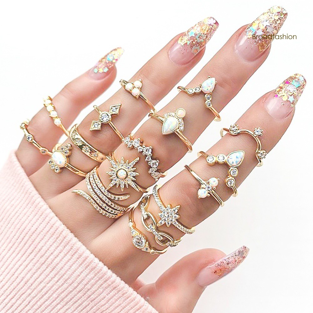 Bộ 17 Nhẫn Đính Đá Pha Lê Nhân Tạo Phong Cách Bohemian
