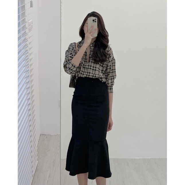 LOVI SHOP- Áo sơ mi caro 2 túi nắp kẻ màu nâu phong cách vintage