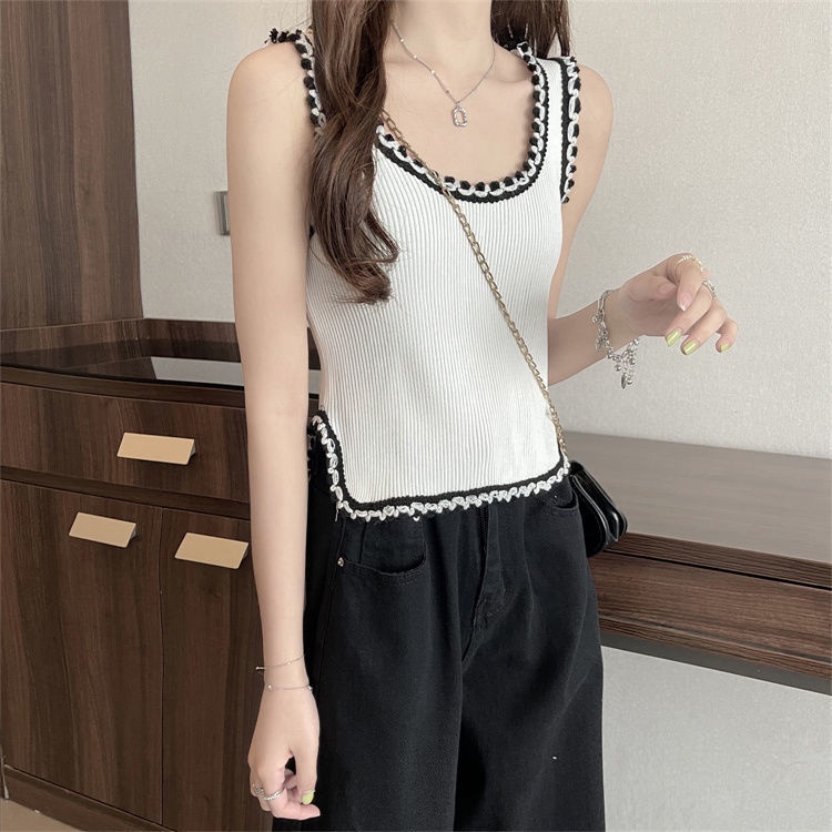 Áo IELGY dệt kim sát nách dáng rộng cổ chữ u màu tương phản thời trang cho nữ