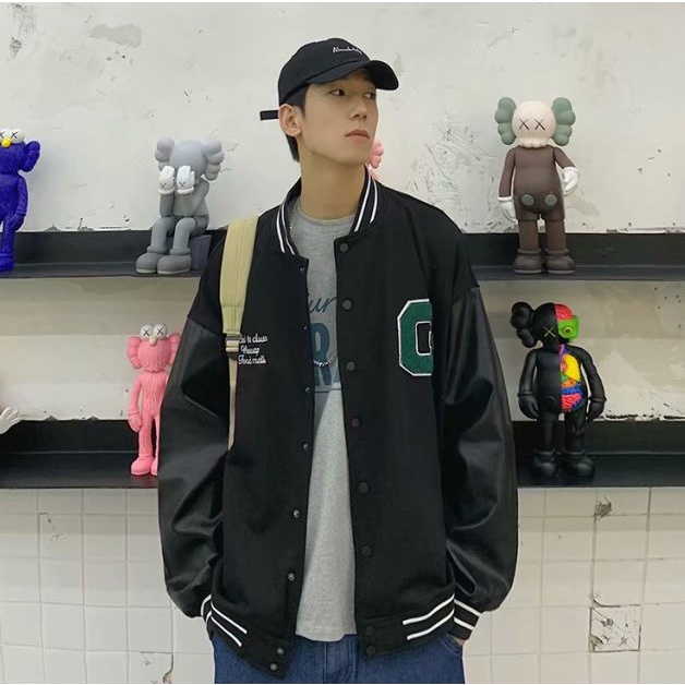 [Có Video+Ảnh Thật] Áo Khoác Bomber Chữ G Xanh Tay Phối Da, Áo Nỉ Cotton Nam Nữ Form Rộng Anne Boutique Mã 258