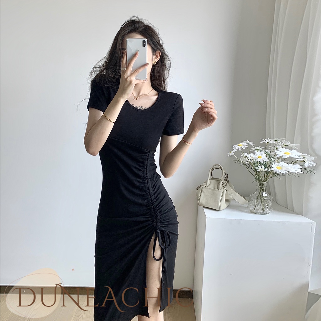 DUNEA Đầm cổ tròn tay ngắn phối dây rút gợi cảm quyến rũ cho nữ