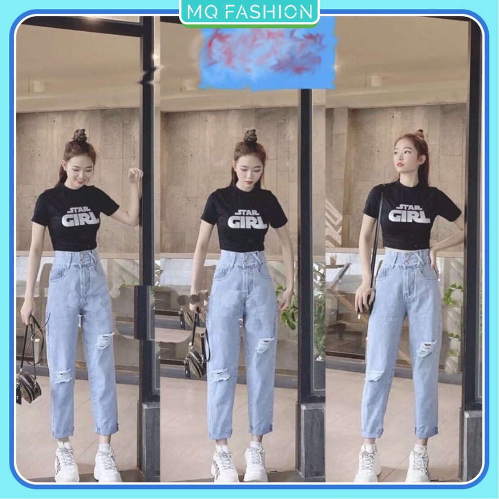 Quần baggy Nữ lưng cao ống rộng rách gối wash rách cá tính - New trend 2021