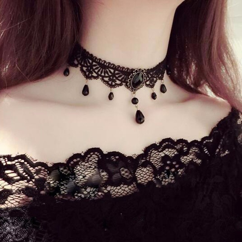 Vòng choker vải ren đính đá đen quyến rũ cho nữ