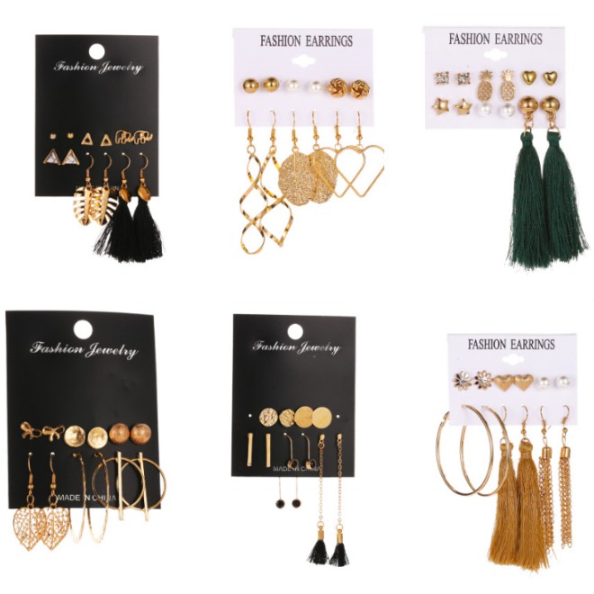 Hot Selling 6 Pairs of Ethnic Wind Line Earrings Tassels Geometric Ear Accessories