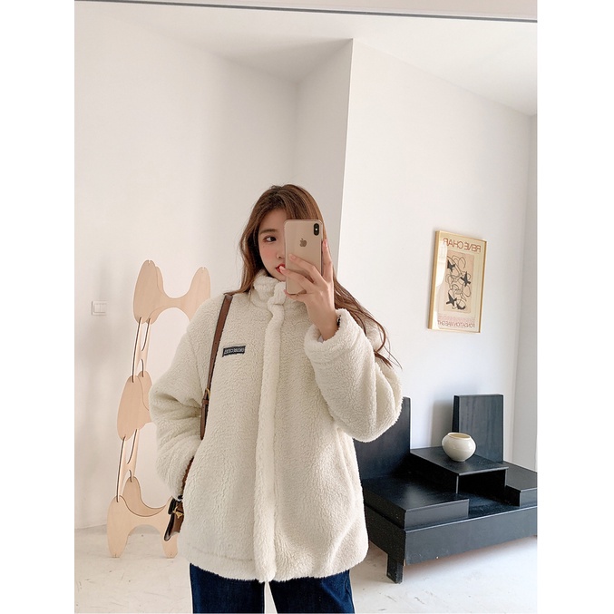 Áo Khoác Nữ Khoá Kéo Dài Tay Dáng Rộng -  Áo Lông Trắng Cổ Cao Logo ONS Freesize dưới 70kg | BigBuy360 - bigbuy360.vn
