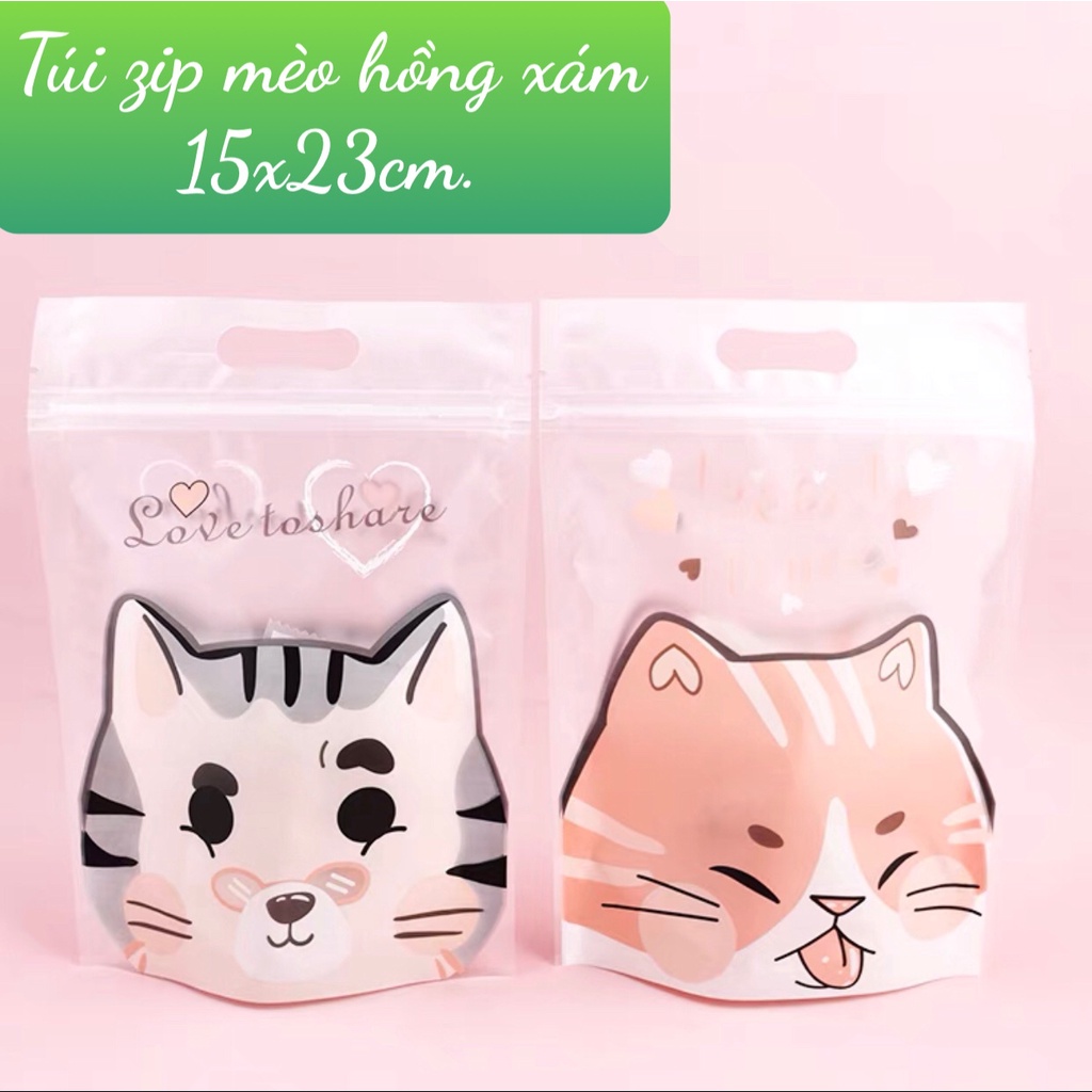 Túi zip đựng bánh 15x23cm mẫu Mèo hồng xám