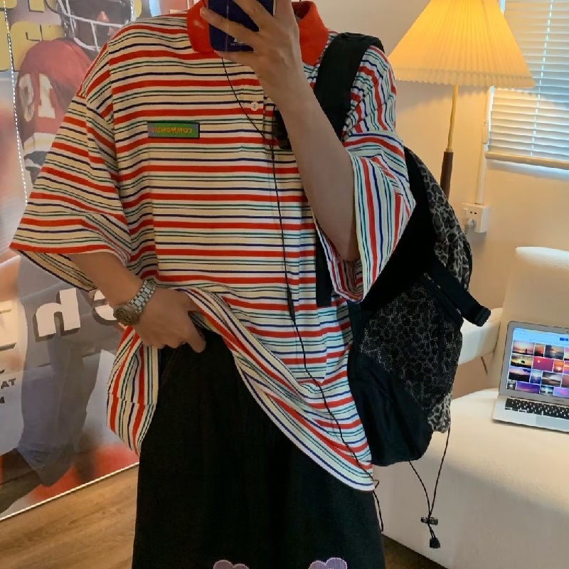 Áo Thun polo Tay Ngắn Dáng Rộng Thoáng Khí In Họa Tiết Kẻ Sọc Phong Cách hip hop Thời Trang Mùa Hè Cho Nam