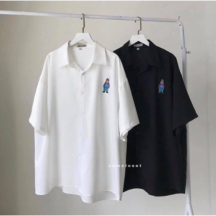 Áo sơ mi Araxie họa tiết gấu in màu trắng ngắn tay cổ trụ form rộng style ulzzang | BigBuy360 - bigbuy360.vn