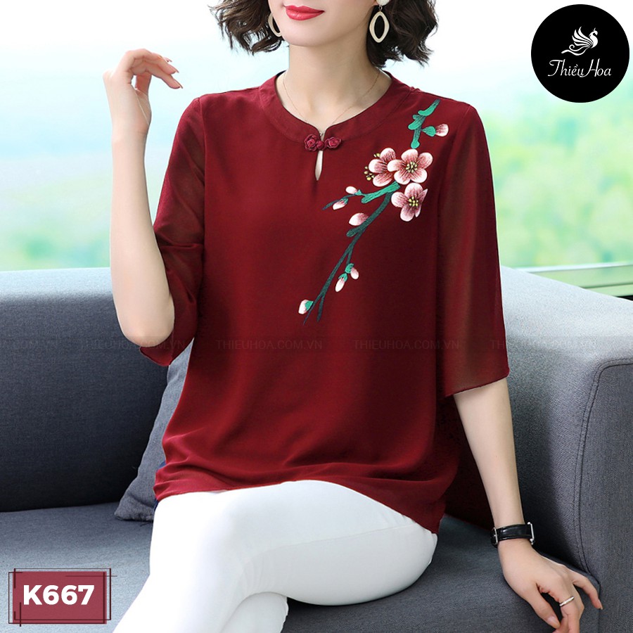 Áo Trung Niên Nữ Chất voan, thiết kế hoạ tiết hoa sang trọng chất vải mềm mịn thoáng mát THIỀU HOA  K667