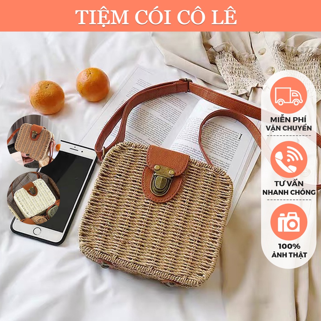Túi cói vali đi biển quai đeo da có nút đóng kiểu dáng vintage - Tiệm Cói Cô Lê