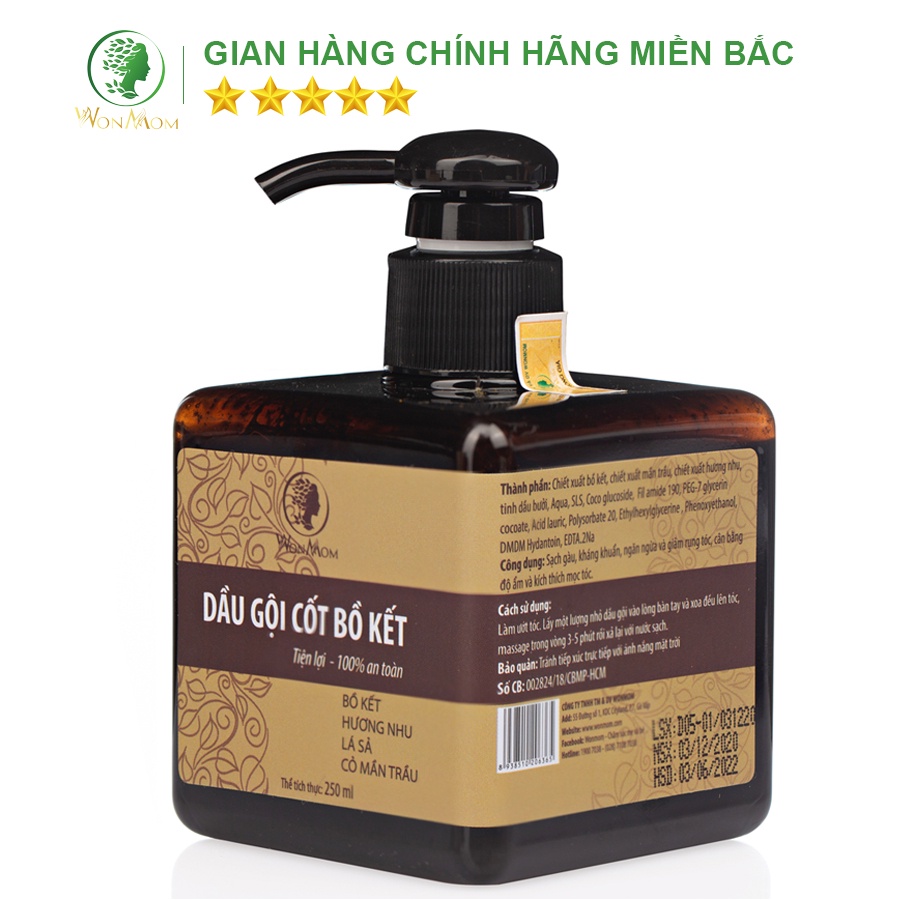 [Mã BMLTM50 giảm đến 50K] Dầu gội cốt bồ kết dưỡng tóc dài, đen mượt, sạch gàu Wonmom 250ml